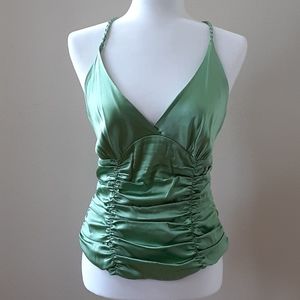 Bebe Green Rutched Silk Top Medium